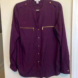Calvin Klein eggplant purple blouse with gold details